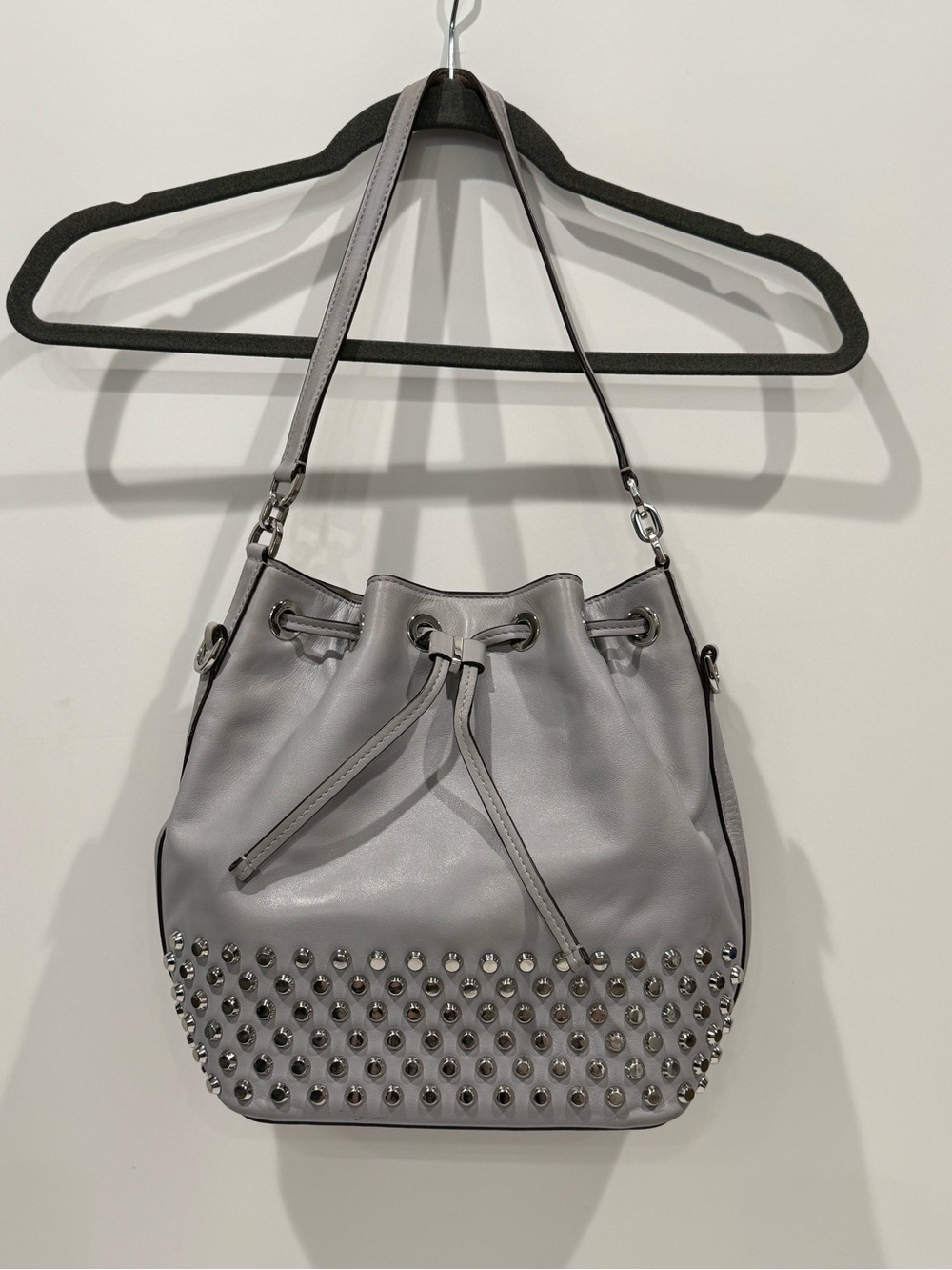 Michael Kors Light Gray Studded Leather Drawstring Shoulder Bucket Bag